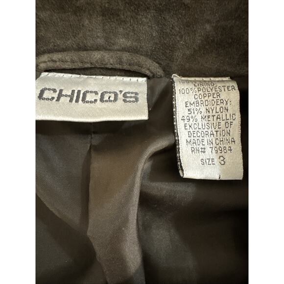 Chico's WOMENS Brown Leather Embroidered Lined Full Zip Coat Jacket SIZE 3 - Picture 3 of 6